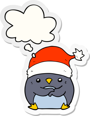 Bir insan tarafından çizilmiş bir çıkartma olarak düşünce baloncuklu Noel şapkası takan sevimli penguen çizgi filmi.