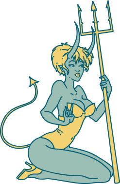 İkonik dövme stili, bir insan tarafından çizilmiş şeytan bir kızın resmi.