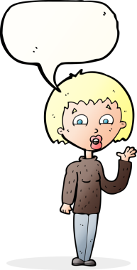 Bir insan tarafından çizilmiş bir konuşma balonuyla el sallayan çizgi film kadını.