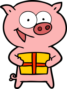 Bir insan tarafından çizilmiş Noel hediyeli neşeli bir domuz.