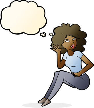 Bir insan tarafından çizilmiş düşünce baloncuğuyla dinleyen çizgi film kadını.