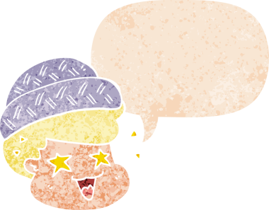 komik şapkalı çocuk grunge içinde konuşma baloncuğu olan bir insan tarafından çizilmiş sıkıntılı retro stil