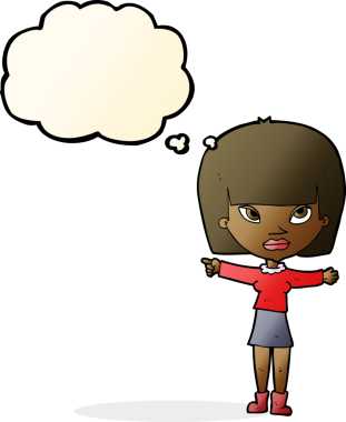 Bir insan tarafından çizilmiş düşünce balonuyla işaret eden çizgi film kadını.