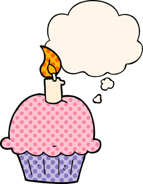 Bir insan tarafından çizilmiş çizgi roman tarzı düşünce baloncuklu doğum günü pastası.