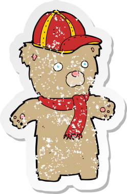 Bir insan tarafından çizilmiş şapkalı çizgi film ayısının gerilimli çıkartması.