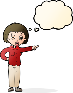 Bir insan tarafından çizilen düşünce baloncuğuyla caka satan çizgi film kadını.