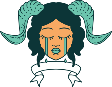 Retro Dövme Biçimi, bir insan tarafından çizilmiş kaydırma pankartıyla ağlayan karakter yüzü