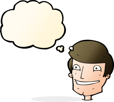 Bir insan tarafından çizilmiş düşünce baloncuğu ile sırıtan çizgi film adamı.