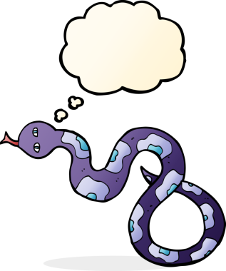 Bir insan tarafından çizilmiş düşünce baloncuklu çizgi film yılanı.