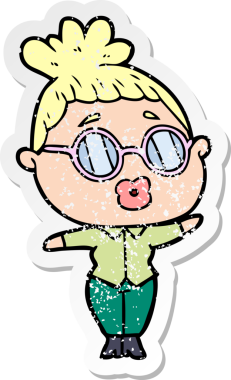 Bir insan tarafından çizilmiş gözlük takan karikatürlü bir kadının sıkıntılı çıkartması.