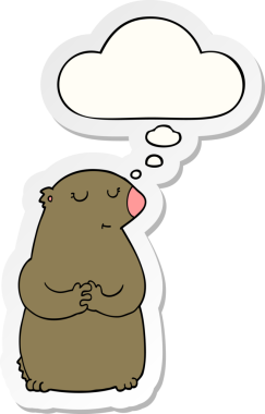 İnsan tarafından çizilmiş bir çıkartma gibi düşünce baloncuğu olan sevimli çizgi film ayısı.