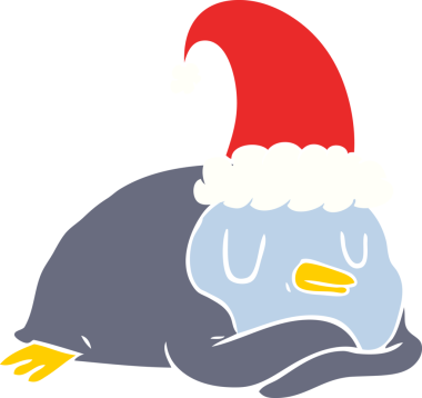 Bir insan tarafından çizilmiş bir noel şapkası giyen düz renkli penguen.