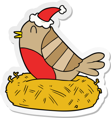 Bir insan tarafından çizilmiş Noel Baba şapkası giymiş bir kuşun el çizimi karikatürü.