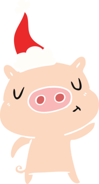 Bir insan tarafından çizilmiş Noel Baba şapkası giyen bir domuzun el çizimi düz renk çizimi.