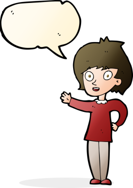 Bir insan tarafından çizilmiş konuşma balonlu mutlu kadın çizgi filmi.