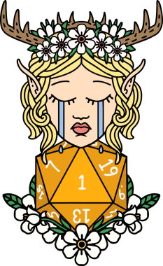 Retro Dövme Tarzı Ağlayan Elf Druid karakteri suratı Bir insan tarafından çizilmiş doğal bir D20 ruloyla