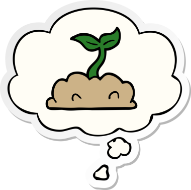 Düşünce baloncuğuyla filizlenen çizgi film bir insan tarafından çizilmiş çıkartma gibi.