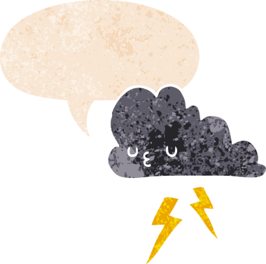 Bir insan tarafından çizilmiş grunge sıkıntılı retro desenli konuşma baloncuklu çizgi film fırtına bulutu