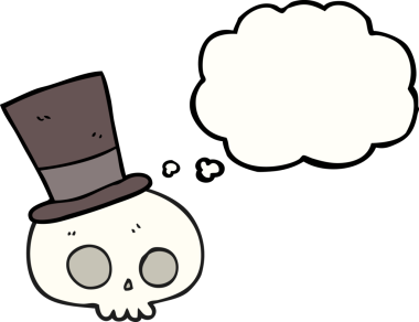 Bir insan tarafından çizilmiş silindir şapka giyen serbest çizim baloncuk kafatası.