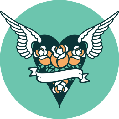 Bir insan tarafından çizilmiş çiçek ve bayrak ile uçan bir kalbin ikonik dövme görüntüsü