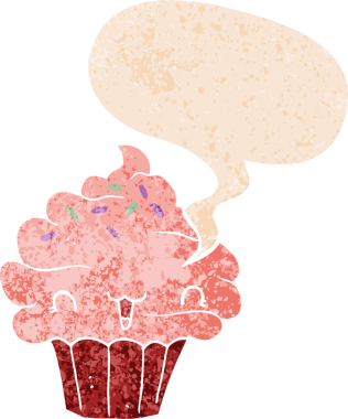 Bir insan tarafından çizilmiş grunge sıkıntılı retro tarzı konuşma baloncuklu tatlı çizgi film şekerli kek