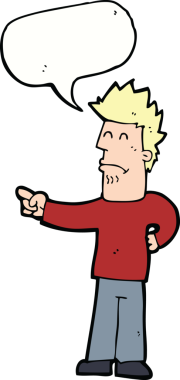 Bir insan tarafından çizilmiş bir konuşma balonuyla işaret eden çizgi film adamı.