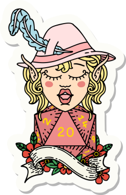 Bir insan tarafından çizilmiş 20 zarlı elf şairinin çıkartması.