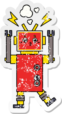 Bir insan tarafından çizilmiş sevimli bir robot çizgi film çıkartması.