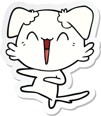 Bir insan tarafından çizilmiş mutlu dans eden köpek çizgi filminin çıkartması.