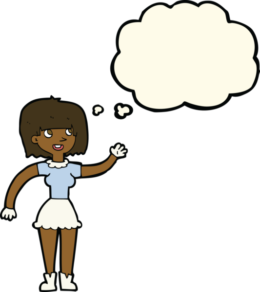 Bir insan tarafından çizilmiş düşünce baloncuğuyla el sallayan çizgi film kızı.
