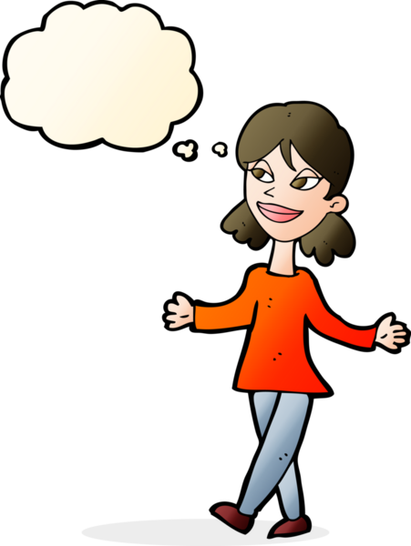 Bir insan tarafından çizilen düşünce baloncuğu ile ilgili endişesi olmayan çizgi film kadını.