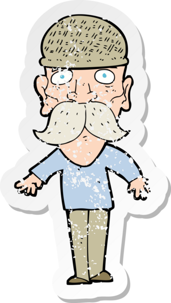 Bir insan tarafından çizilmiş kış şapkası giyen bir çizgi film karakterinin gerilimli retro çıkartması.