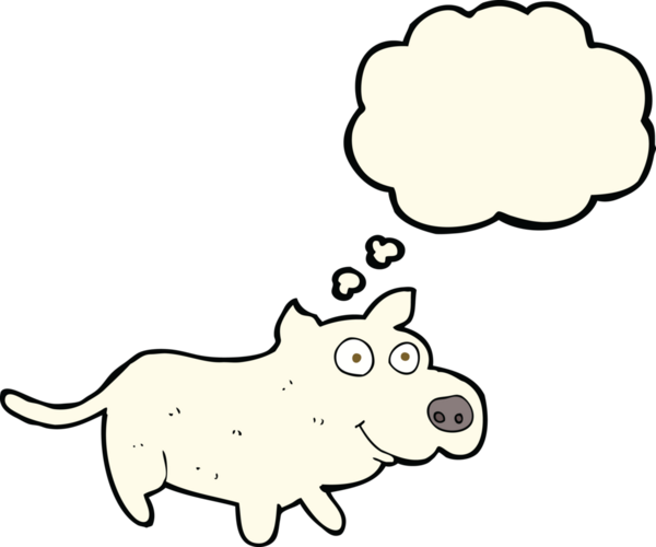 Bir insan tarafından çizilmiş düşünce balonlu mutlu küçük köpek.