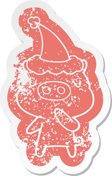 Bir insan tarafından çizilmiş Noel Baba şapkası takan içerikli bir domuzun garip bir karikatürü.