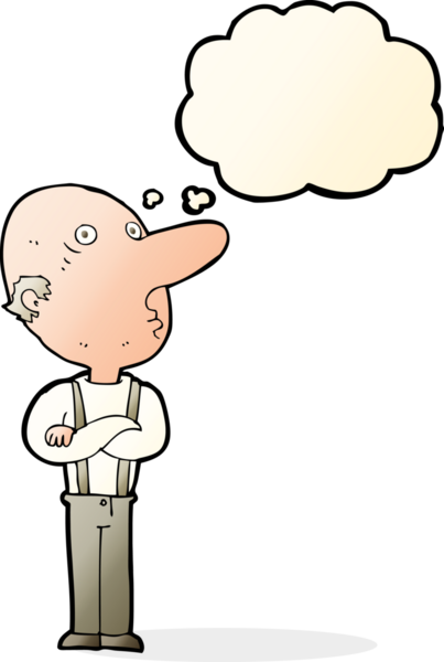 Bir insan tarafından çizilmiş düşünce balonuyla kollarını kavuşturmuş yaşlı bir adam.