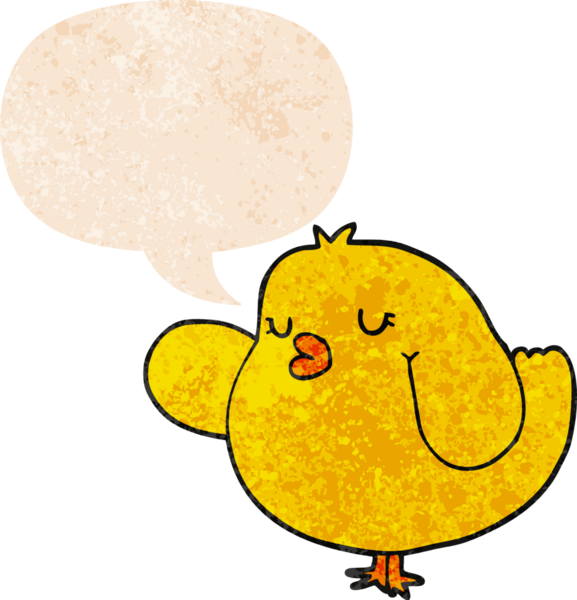 grunge 'da konuşma baloncuğu olan karikatür kuşu bir insan tarafından çizilmiş dertli retro tarzı