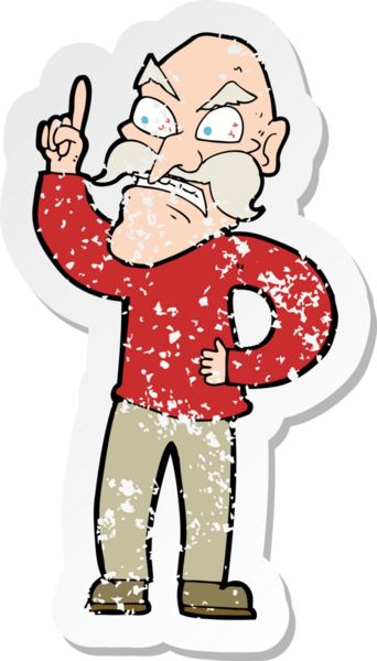 Çizgi filmin gerilemiş çıkartması. Yaşlı bir adam, bir insan tarafından çizilmiş kurallar koyuyor.