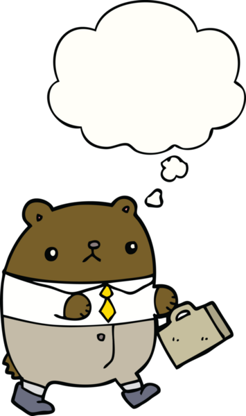 İnsan tarafından çizilmiş düşünce baloncuklu iş kıyafetleri içindeki çizgi film ayısı.