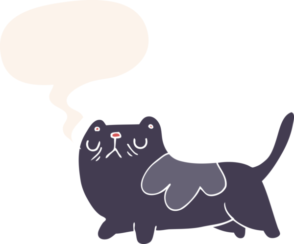 Konuşma baloncuğu olan çizgi film kedisi insan tarafından çizilmiş.