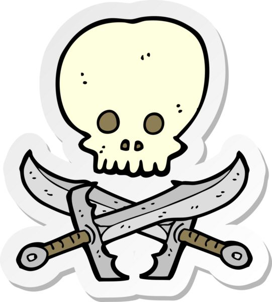 Bir insan tarafından çizilmiş kafatası ve kılıç etiketi.