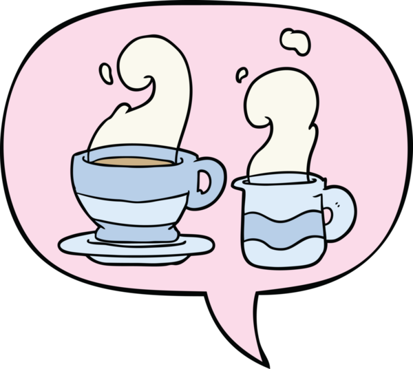 Bir insan tarafından çizilmiş, konuşma baloncuklu bir fincan kahve.