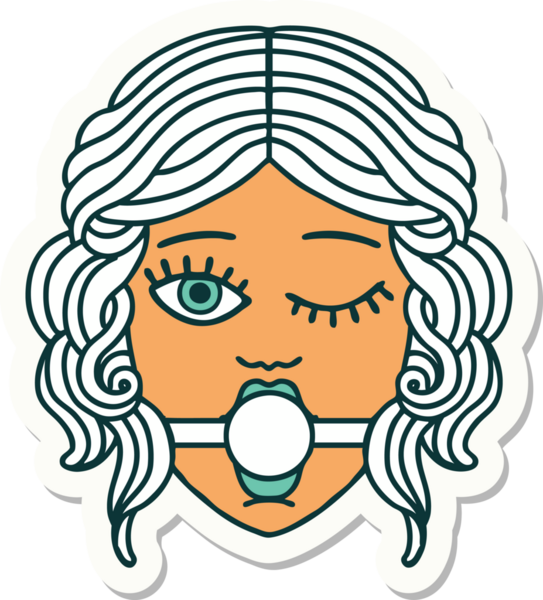 Geleneksel bir dövme stili. Göz kırpan kadın yüzü. Bir insan tarafından çizilmiş top şakası.