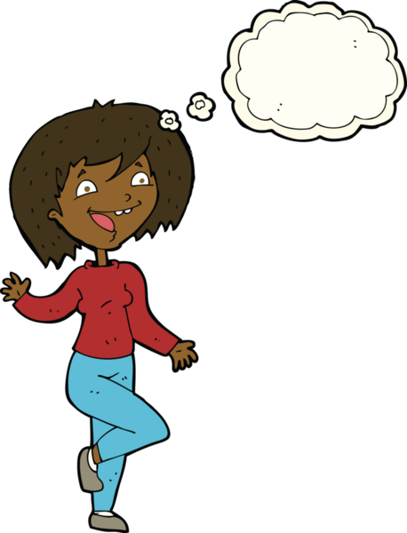 Bir insan tarafından çizilmiş düşünce balonlu gülen kadın çizgi filmi.