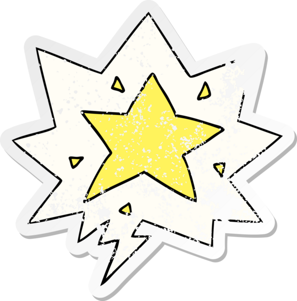 Konuşma baloncuğu olan bir çizgi film yıldızı bir insan tarafından çizilmiş sıkıntılı eski bir çıkartma