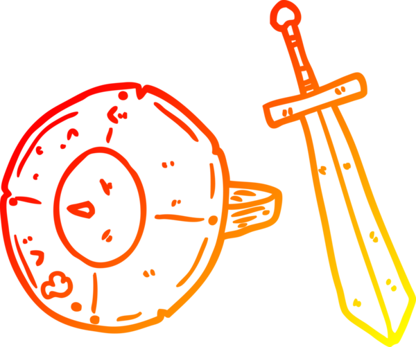 Eski bir gladyatör kalkanı ve bir insan tarafından çekilen kılıcın sıcak çizgi çizimi