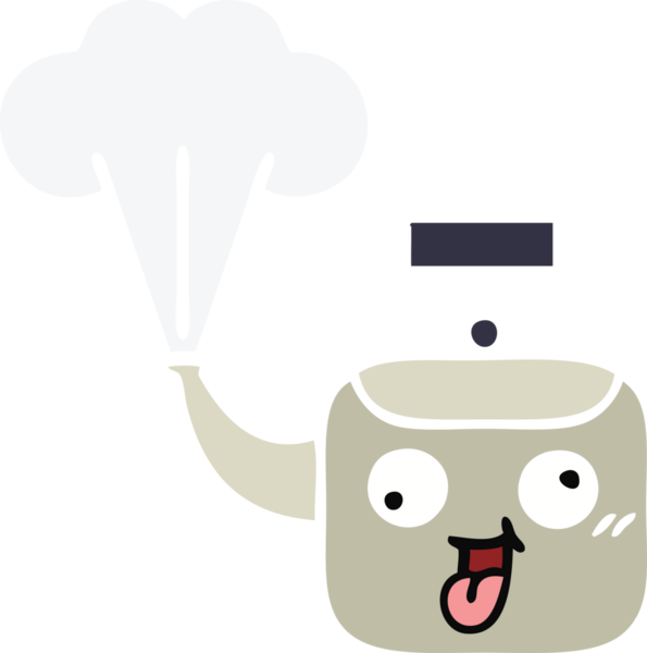 Bir insan tarafından çizilen dumanı tüten bir çaydanlığın düz renkli retro karikatürü