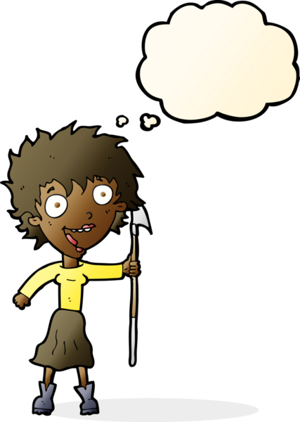 Bir insan tarafından çizilmiş düşünce balonlu mızraklı çılgın kadın.