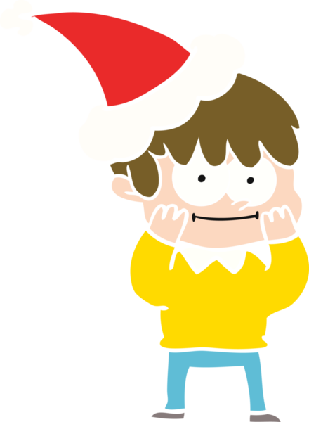 Bir insan tarafından çizilmiş Noel Baba şapkası giyen bir adamın mutlu el çizimi düz renk çizimi.