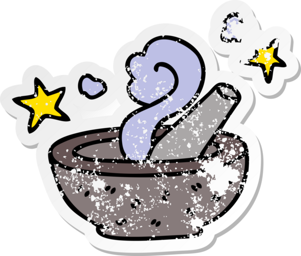 Bir insan tarafından çizilmiş garip bir el yapıştırması, sihirli tokmak ve havan topu.