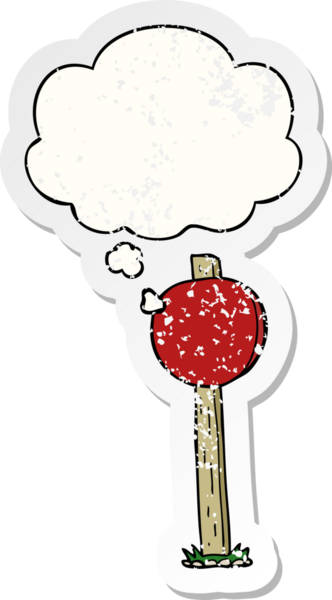 Düşünce baloncuğu olan çizgi film levhası bir insan tarafından çizilmiş yıpranmış bir çıkartma.